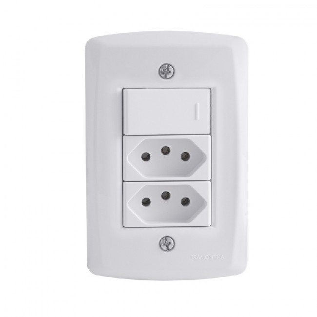Kit 4x2 com 1 Interruptor Simples 10A e 2 Tomadas 2P+T 10A 250V Tramontina Lux2 Branco